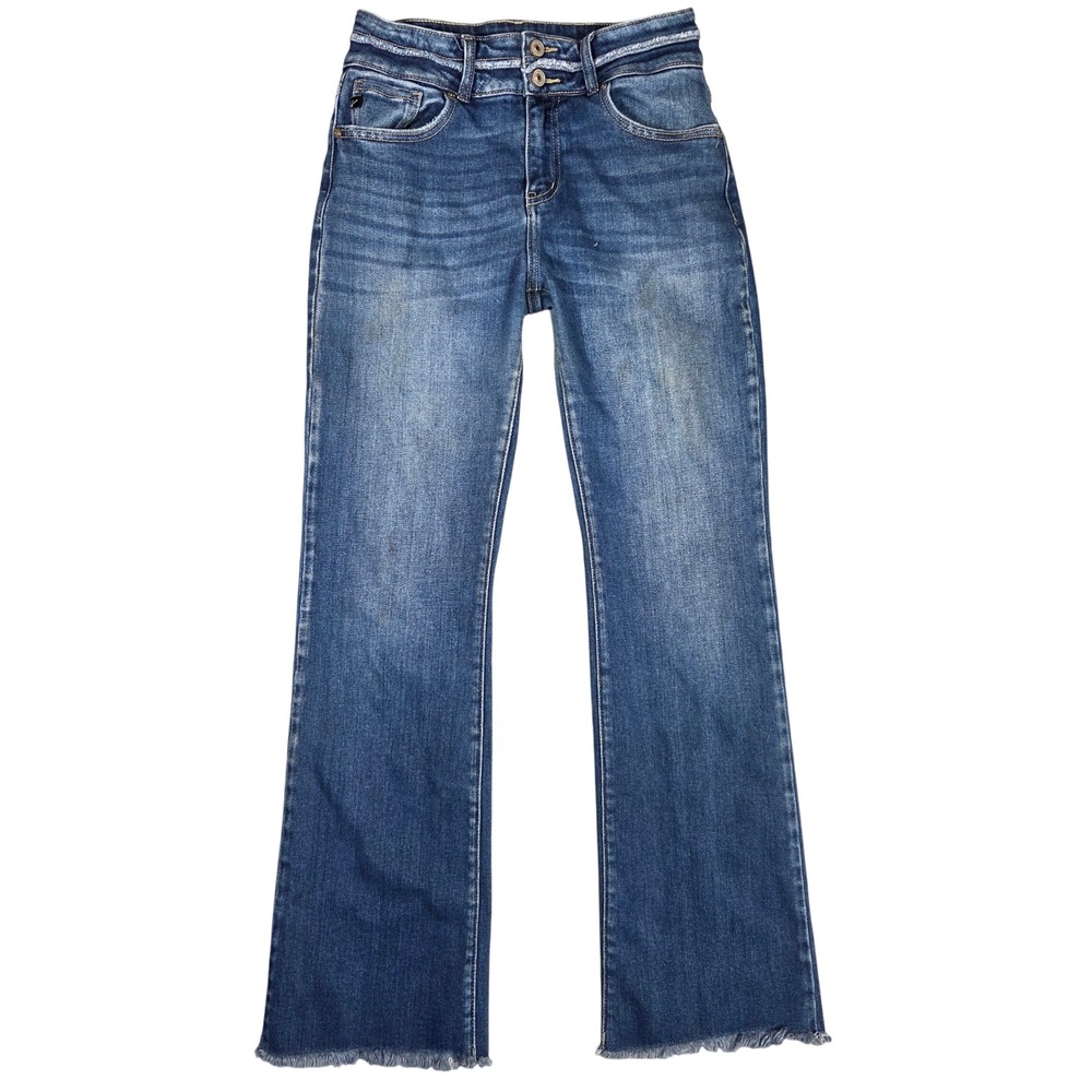 KanCan Maurices Women 27 Medium Wash High Rise Double Button Raw Hem Flare Jeans